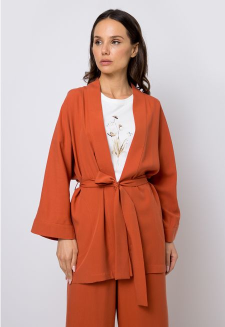 Solid Belted Long Sleeve Kimono