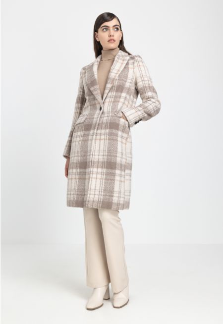 Checked Single Breasted Notched Collar Coat