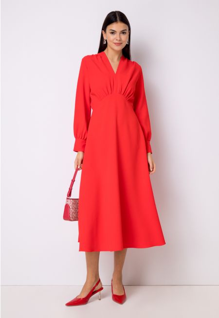 Solid V-Neck Flared Maxi Dress