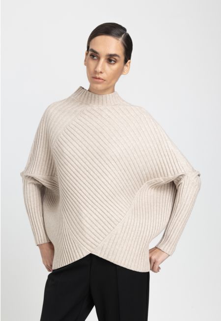 Knitted Ribbed Oversized Asymmetrical Hem Sweater