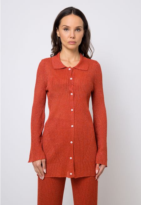 Ribbed Lurex Long Sleeve Shirt