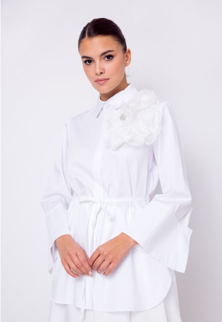 Belted High Low Floral Adornment Shirt
