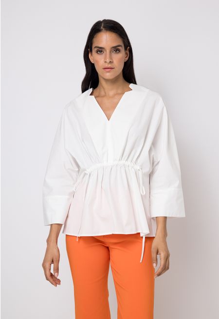 Drawstring V-Neck Solid Blouse