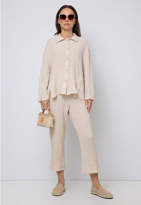 Solid Textured Straight Leg Trouser