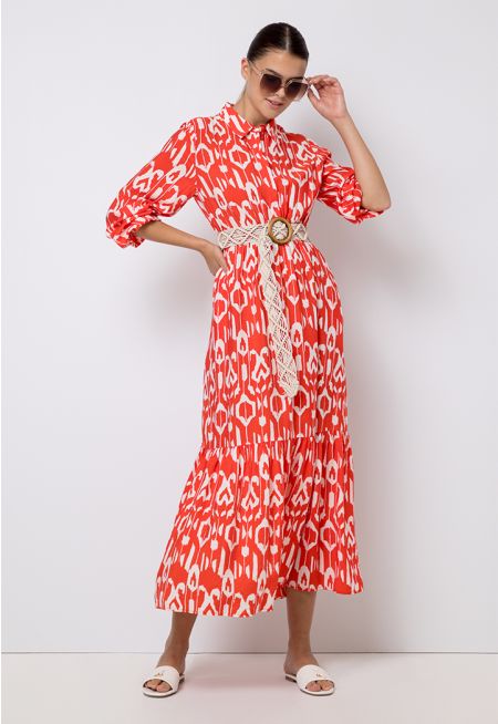 Printed Ruffled Belted Maxi Dress