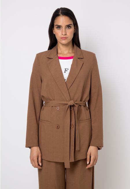 Double Breasted Notched Collar Belted Blazer