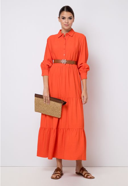 Solid Tiered Belted Maxi Dress