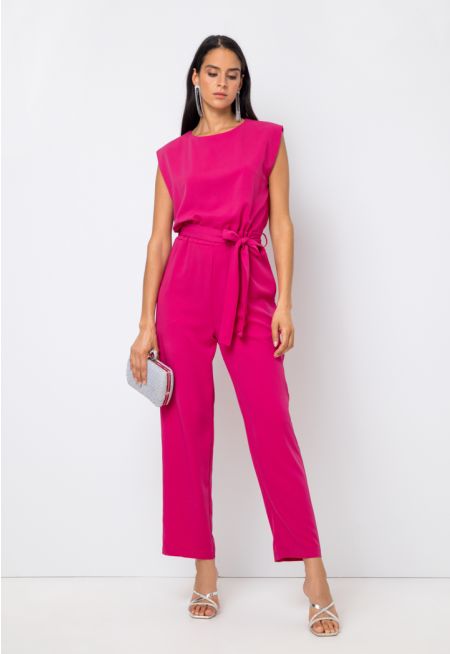 Sleeveless Belted Elastic Waist Jumpsuit