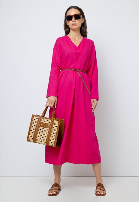 Single Tone V-Neck Belted Dress