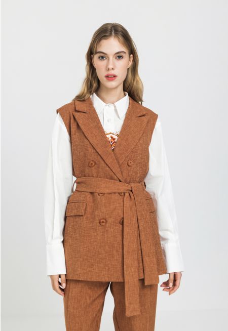 Sleeveless Belted Notched Collar Vest