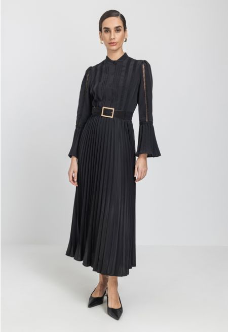 Pleated Belted Lace Dress