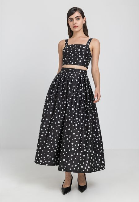 Polka Dot Flared Pleated Skirt