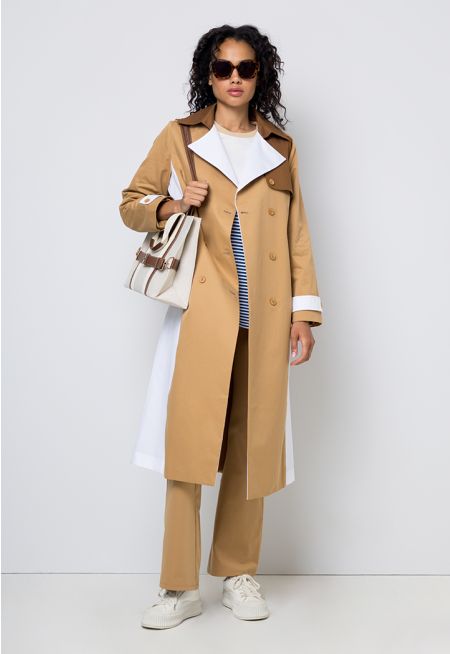Multicolor Double Breasted Belted Trench Coat