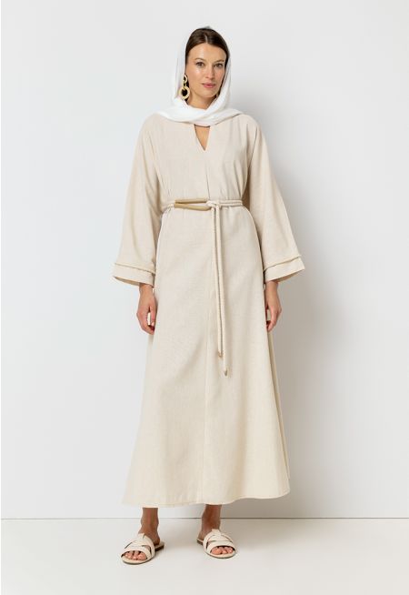 V-Neck Relaxed Fit Belted Abaya