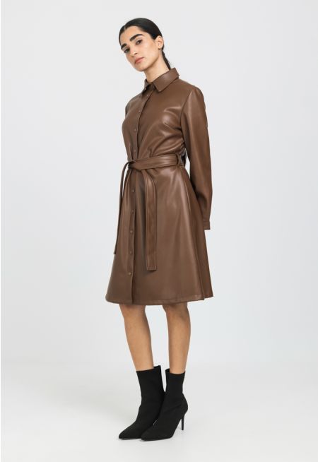 PU Leather Belted Shirt Dress