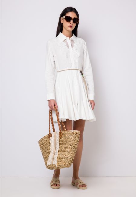Solid Lace Belted Flared Shirt Dress