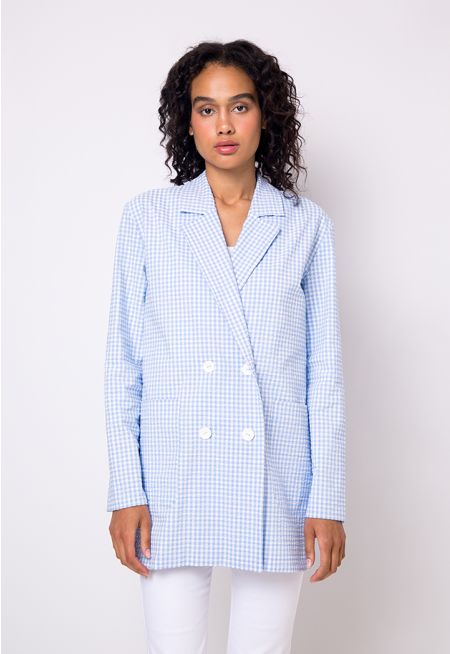 Checked Double Breasted Notched Collar Blazer