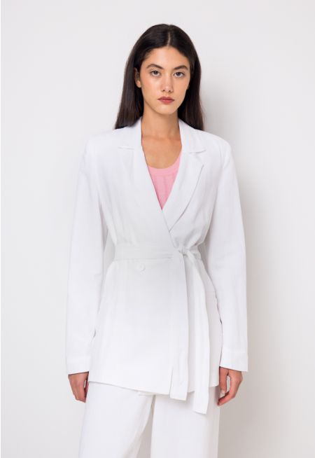 Double Breasted Notched Collar Belted Blazer