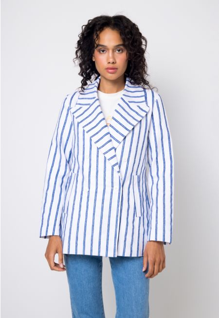 Striped Double Breasted Notched Collar Blazer