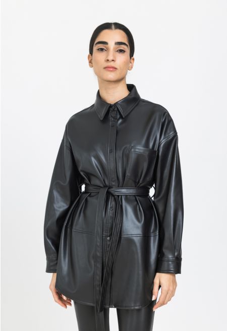 Belted PU Leather Shirt