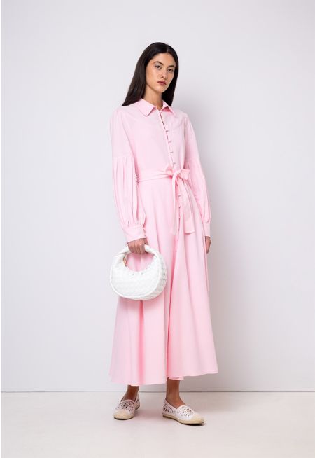 Pleated Sleeve Belted Flared Dress Set (2 PCS)