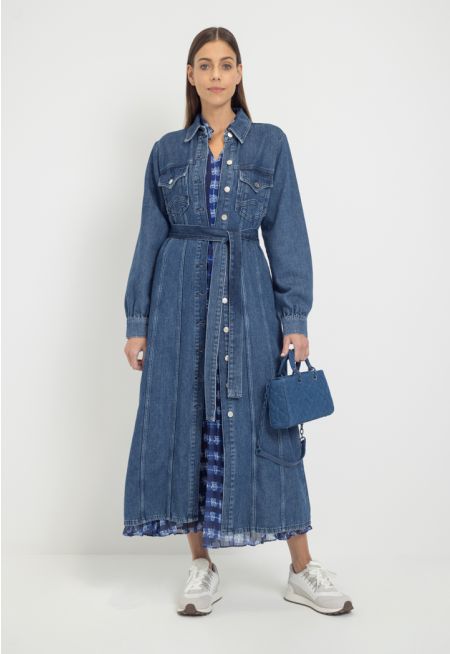 Solid Belted Denim Maxi Dress