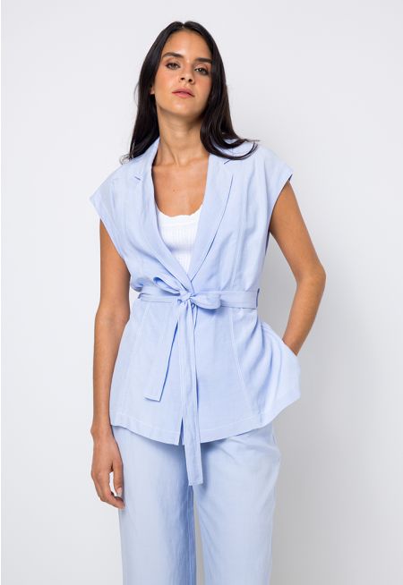 Belted Notched Collar Solid Gilet