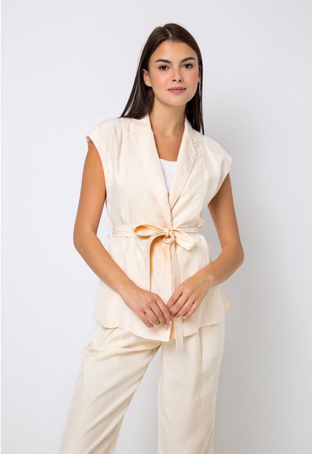 Belted Notched Collar Solid Gilet