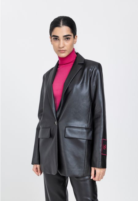 PU Leather Notched Collar Blazer