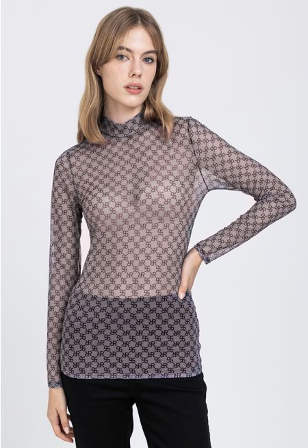 Printed Monogram Mesh Top