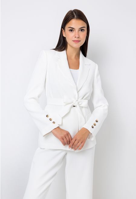 Notched Collar Belted Single Tone Blazer