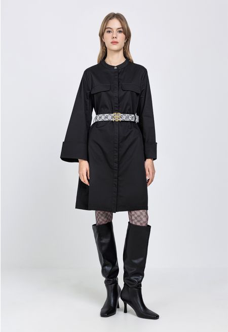 Solid Belted Midi Shirt Dress