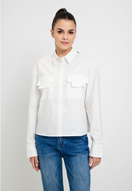 Solid Drawstring Cuff Shirt