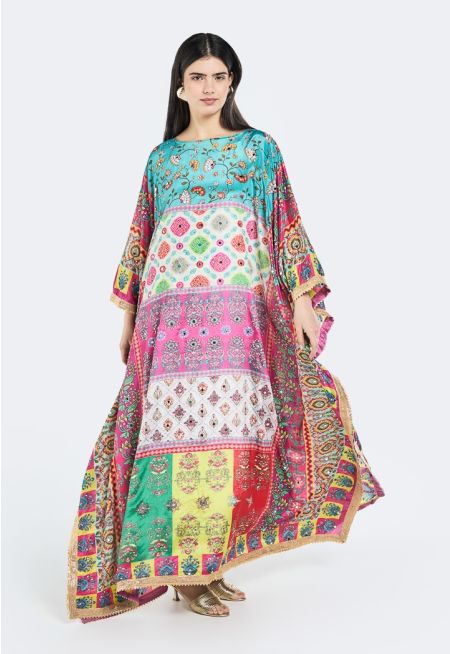 Floral Print And Mirror Embroidered Dress