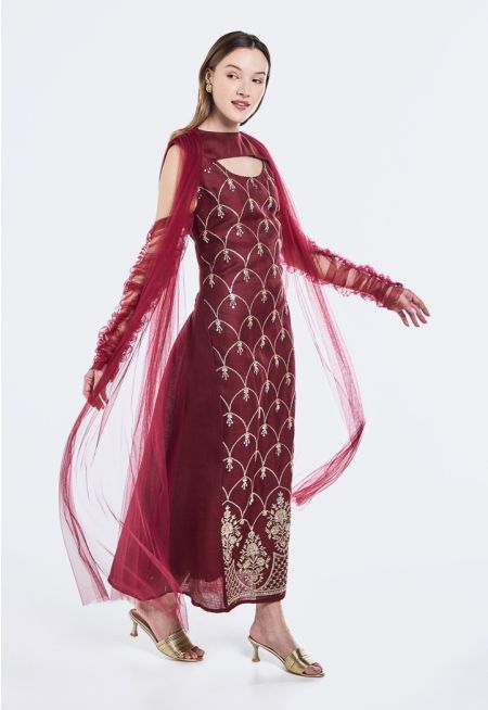 Attached Mesh Sleeves Dress