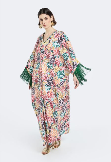 Printed V-Neck Tassel Dress 