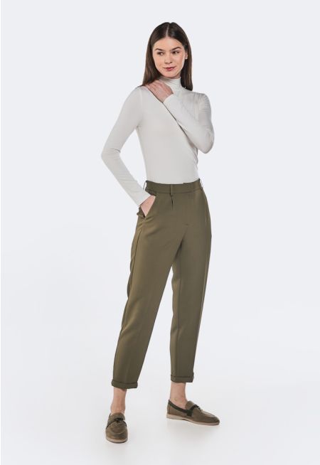Solid Folded Hem Trousers