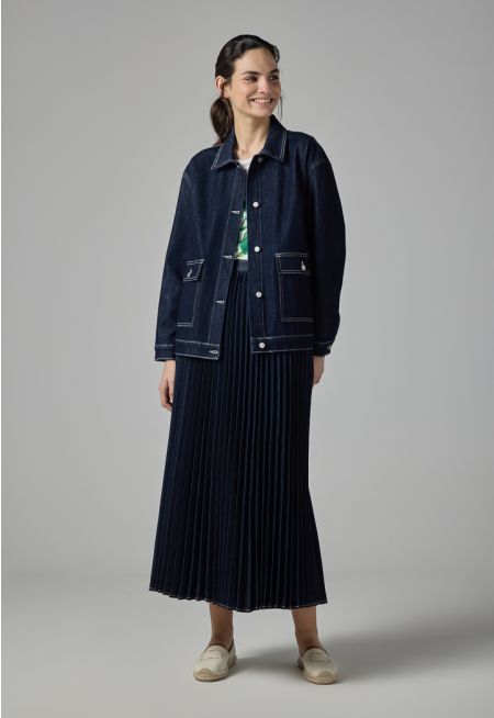 Solid Flared Pleated Denim Skirt