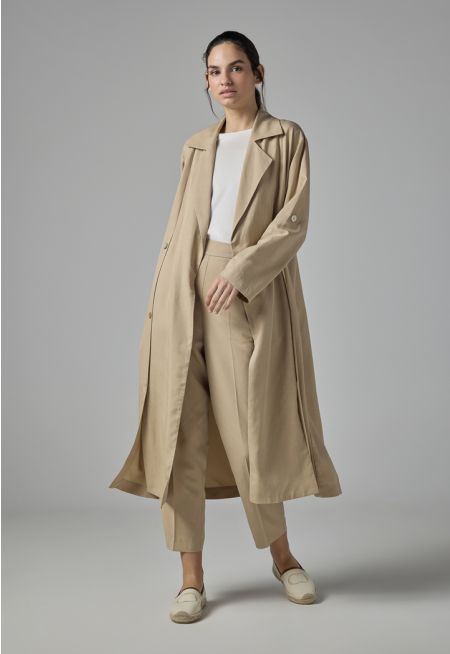 Solid Long Sleeve Belted Coat