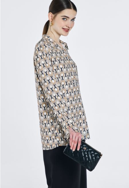 Printed Collared V Neck Top