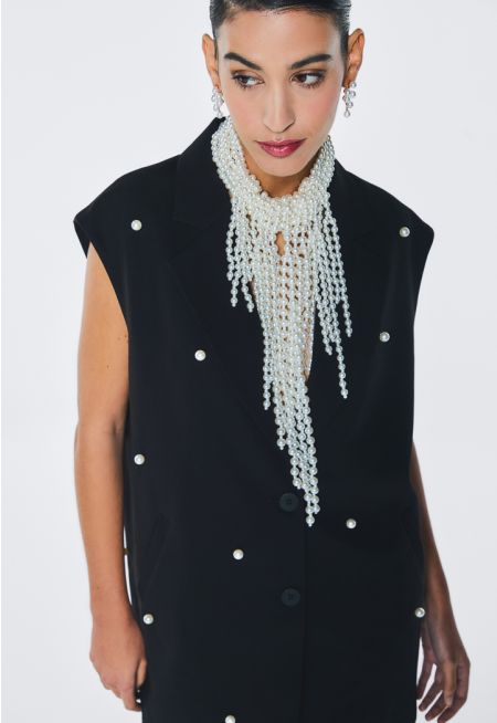 Pearl Embellished Sleeveless Blazer