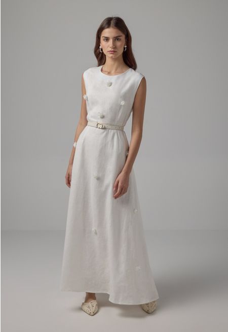 Sleeveless Flared Linen Belted Dress - Ramadan Style