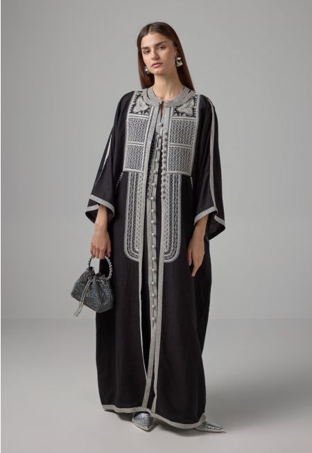Lurex Embroidered Flared Belted Abaya - Ramadan Style