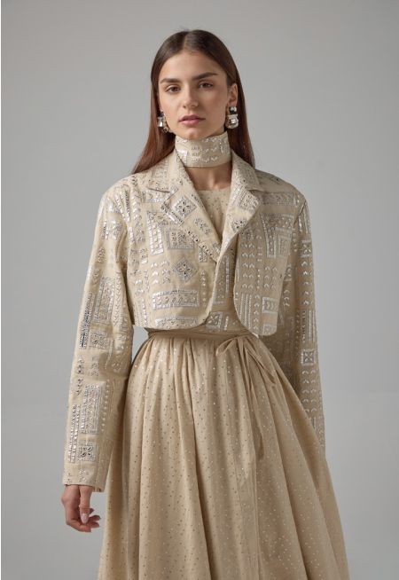 Long Sleeve Mirror Embroidered Cropped Jacket