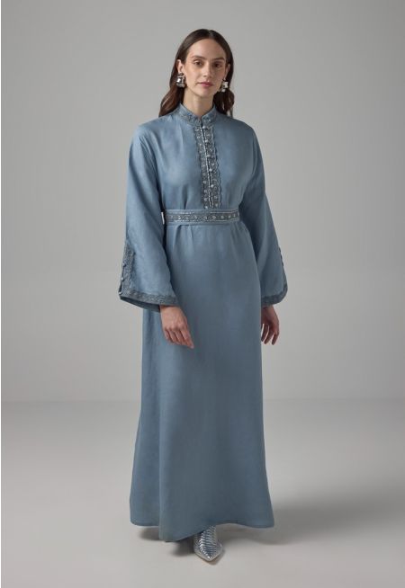 Solid Half Button Up Flared Dress - Ramadan Style