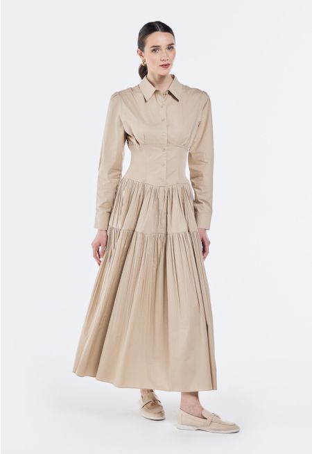 Wide Gathered Waist Pleated Dress