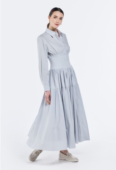 Wide Gathered Waist Pleated Dress