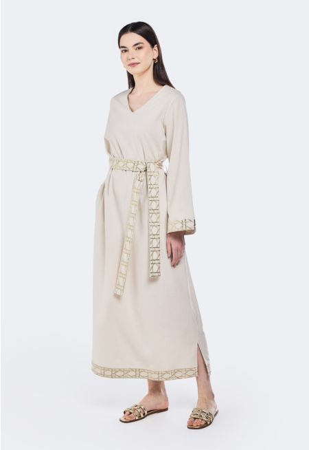 Embroidered Belted Linen Kaftan Dress