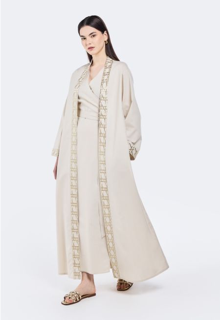 Embroidered Belted Linen Abaya