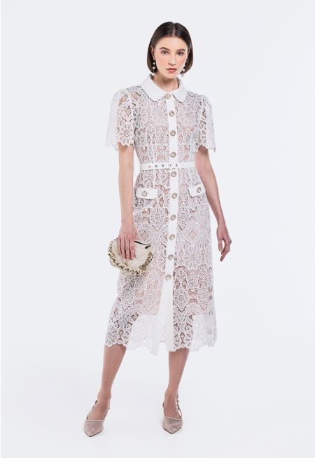 Belted Lace Short Sleeve Dress (2 PCS)